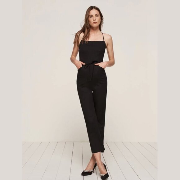 Reformation Rufus Jumpsuit 0 Black Backless Back Tie Straps Pockets Crop Leg - Picture 2 of 8